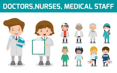 set of doctor,nurses,medicine staff in flat style isolated on white background. Hospital medical staff team doctors nurses surgeon, Vector illustration.のイラスト素材