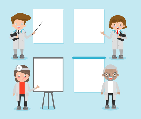 set of doctor character with blank banners, practitioner young doctor man and woman with placards for your message. Hospital medical team doctorsのイラスト素材