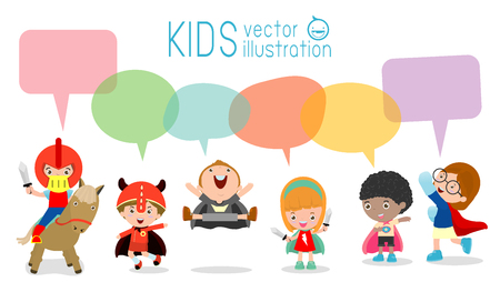 Cute superhero kids with speech bubbles, Set of  superhero child  with speech bubbles isolated on white background,Vector Illustrationのイラスト素材