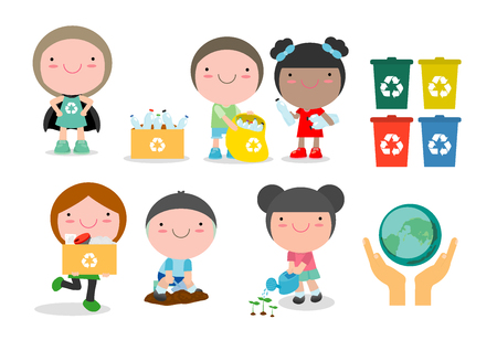 Children collect rubbish for recycling, Illustration of Kids Segregating Trash, recycling trash, Save the World , Save Earth?boy planted young trees. Girl watering flowers from watering can.のイラスト素材