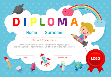 Certificate kids diploma, kindergarten template layout space background frame design vector. Diploma template for kindergarten students, Certificate of kids diploma, education preschool concept.のイラスト素材