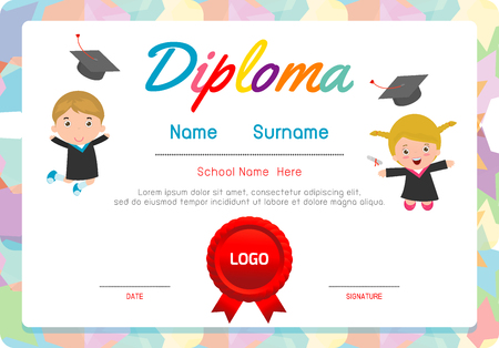 Preschool Elementary school Kids Diploma certificate background design template, Preschool Kids Diploma certificate background design template, Diploma template for kindergarten students, diploma kidsのイラスト素材