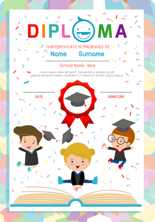 Certificates kindergarten and elementary, Preschool Kids Diploma certificate background design template, Diploma template for kindergarten students, Certificate of kids diploma, vector illustrationのイラスト素材