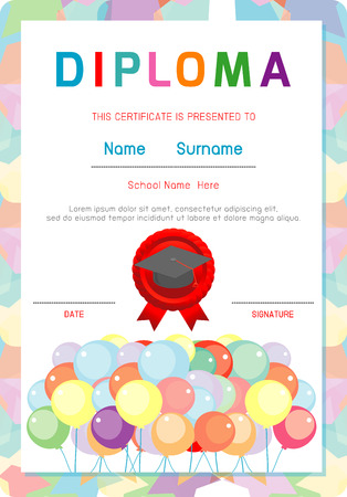 Certificates kindergarten and elementary, Preschool Kids Diploma certificate background design template, Diploma template for kindergarten students, Certificate of kids diploma, vector illustrationのイラスト素材