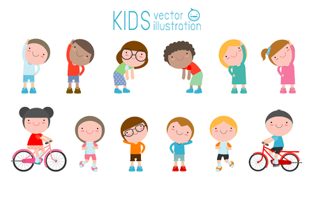 Kids exercising, children stretching ,child exercising , happy Kids Exercising, flat cute cartoon design vector illustration.のイラスト素材