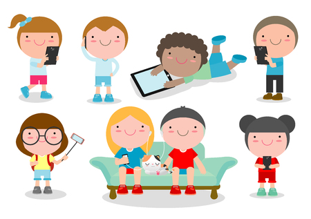 kids with gadgets, Kids Characters Boy and Girl with Mobile,children with gadgets, kid Tablet, People with their gadgets, children Tablet, kids with Mobile, child with Mobile, Vector Illustration.のイラスト素材