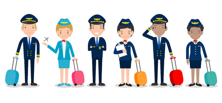 pilot and stewardess. set of officers and flight attendants Stewardesses  isolated on white background, pilot and air hostess.のイラスト素材