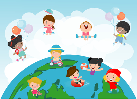 Happy Kids Of Different Nationalities on a globe, Group of children Playing on Top of a Globe, Vector illustrationのイラスト素材