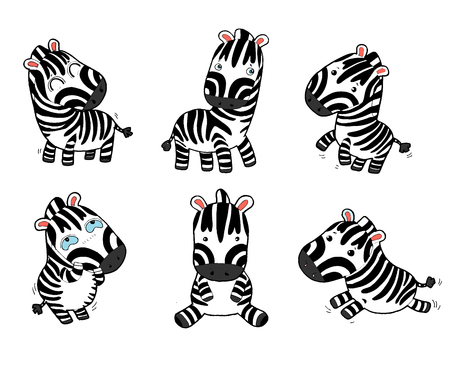 Set of funny cartoon zebras on white background, Vector illustration of cute cartoon  zebraのイラスト素材
