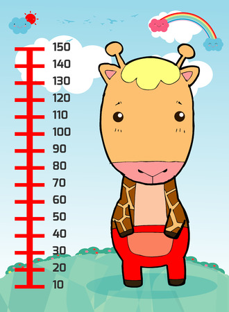 Meter wall with giraffe. Cheerful funny giraffe height. wall height meter with cute smiling african animal.vector illustration.のイラスト素材