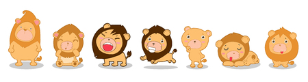 Set of funny cartoon lion on white background. Vector illustration of cute cartoon lionのイラスト素材