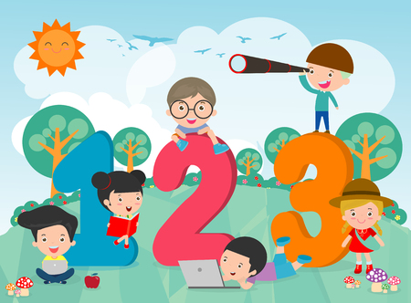 Cartoon kids with 123 numbers, children with Numbers, School kids with 123 numbers.のイラスト素材
