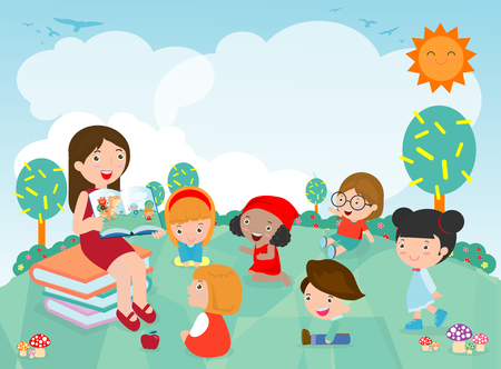 Teacher telling a story to nursery children in the garden, cute Kids Listening to Their teacher Tell a Story, teacher reading books for child in the kindergarten. Vector Illustrationのイラスト素材