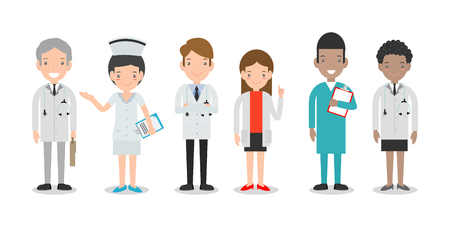 set of doctor,nurses,medicine staff in flat style isolated on white background. Hospital medical staff team doctors nurses surgeon, Group of doctors and nurses and medical staff Vector illustration.のイラスト素材