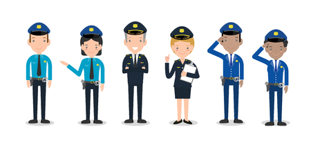 set of police officers on white background, Woman and man cops characters,security in uniform and cap, Police cop and officer security in uniform,vector illustrationのイラスト素材
