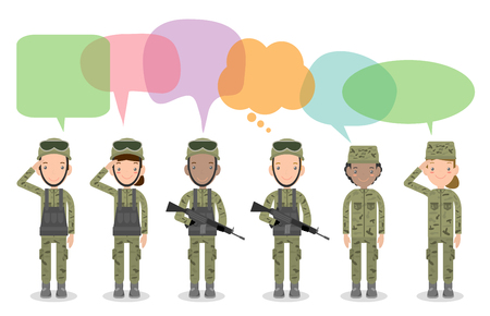 set of soldiers with speech bubbles. men and women. flat cartoon character design isolated on white background. US Army with speech bubbles, soldiers Isolated vector illustration.のイラスト素材