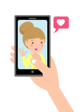 Video call with loved one. male hand holding smartphone with grilfriend on screen. Online dating, long distance relationship concept.Couple talking in messenger.Flat cartoon vector illustration.のイラスト素材