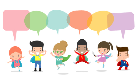 Cute superhero kids with speech bubbles, Set of superhero child with speech bubbles isolated on white background,Vector Illustrationのイラスト素材