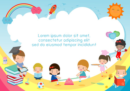 back to school, kids school, education concept, Kids go to school, Template for advertising brochure, your text ,Kids and frame,child and frame,Vector Illustration, Cute cartoon happy children.のイラスト素材