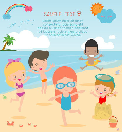 Group of children play on the beach, Happy kids on the beach, child having fun on the beautiful beach,Template for advertising brochure,your text, Kids and frame,child and frame,Vector Illustrationのイラスト素材