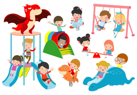 kids playing Outside, child playing at playground,happy children playing park Vector illustrationのイラスト素材