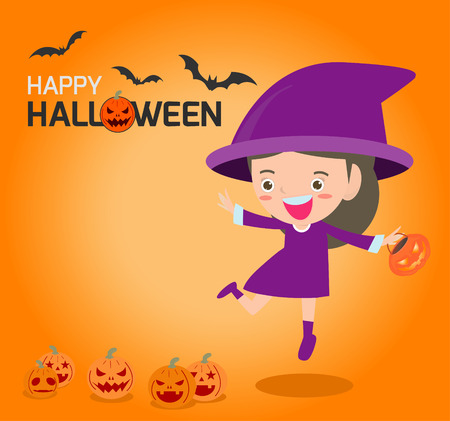 Happy Halloween Poster Party and theme design background, Group of child in Halloween costume jumping, Happy Halloween,Template for advertising brochure,your text, Vector Illustrationのイラスト素材