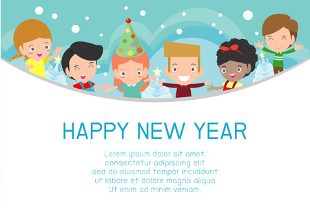 2019 Happy New Year design card with kids on background. happy child with Happy new year 2019, Colorful Vector Illustrationのイラスト素材