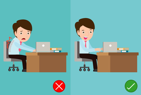 The sample of the guy sitting in wrong and right ways, correct and incorrect posture,health care concept. office syndrome vector illustration.のイラスト素材
