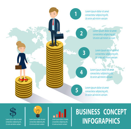 Gender gap and inequality in salary, Businessman on a ladder above the clouds, step by step, person goes up the stairs, banner, diagram, web design, infographics, Business Conceptのイラスト素材