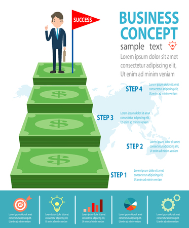 Successful businessman standing on money, Businessman on a ladder above the clouds, step by step, person goes up the stairs, banner, diagram, web design, infographics, Business Conceptのイラスト素材