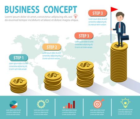 Goals, success, achievement and challenge business people concept, Businessman on a ladder above the clouds, step by step, person goes up the stairs, banner, diagram, web design, infographicsのイラスト素材