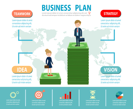 Gender gap and inequality in salary, Businessman on a ladder above the clouds, step by step, person goes up the stairs, banner, diagram, web design, infographics, Business Conceptのイラスト素材