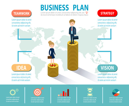 Gender gap and inequality in salary, Businessman on a ladder above the clouds, step by step, person goes up the stairs, banner, diagram, web design, infographics, Business Conceptのイラスト素材