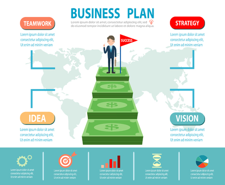 Successful businessman standing on money, Businessman on a ladder above the clouds, step by step, person goes up the stairs, banner, diagram, web design, infographics, Business Conceptのイラスト素材