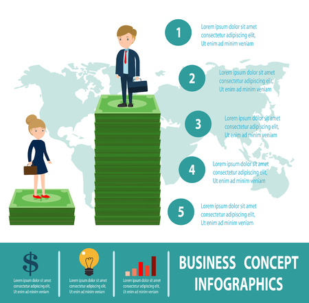 Gender gap and inequality in salary, Businessman on a ladder above the clouds, step by step, person goes up the stairs, banner, diagram, web design, infographics, Business Conceptのイラスト素材