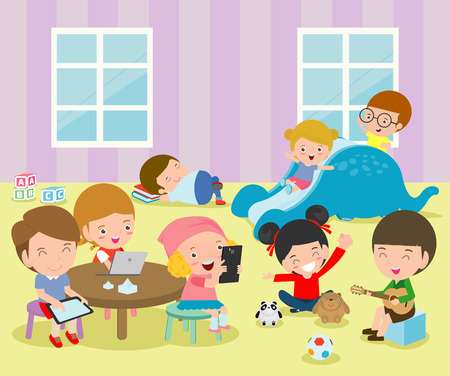 Group of happy school kids in classroom,children's activity in the kindergarten, reading books, playing, education,Vector Illustrationのイラスト素材
