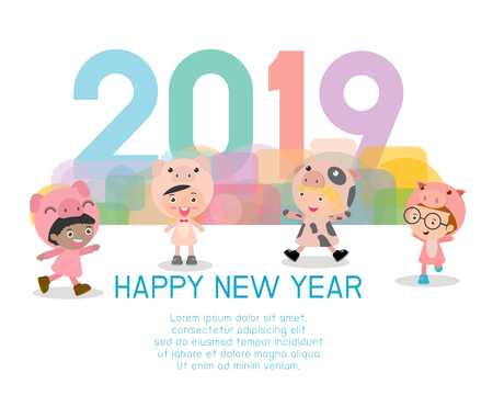 2019 Happy New Year design card with kids on background. happy child with Happy new year 2019, Colorful Vector Illustrationのイラスト素材