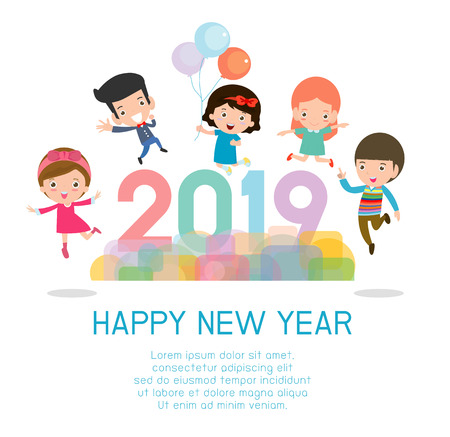 2019 Happy New Year design card with kids on background. happy child with Happy new year 2019, Colorful Vector Illustrationのイラスト素材