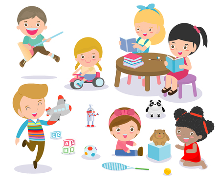 Group of happy school kids in classroom,children's activity in the kindergarten, reading books, playing, education,Vector Illustrationのイラスト素材