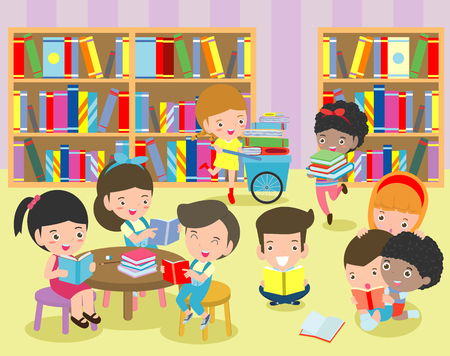Happy kids reading book in a library ,cute children reading books, Happy Children while Reading Books education concept back to school Vector Illustrationのイラスト素材