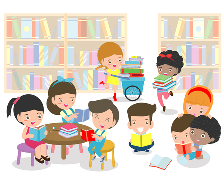 Happy kids reading book in a library ,cute children reading books, Happy Children while Reading Books education concept back to school Vector Illustrationのイラスト素材