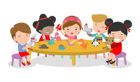 happy children's activity in the kindergarten, cute kids with playing toy, Group of happy school child in classroom, education,Vector Illustrationのイラスト素材