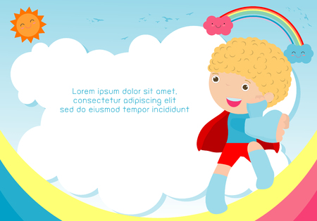 Superhero kid on background,Template for advertising brochure,your text ,Cute little Superhero Children's, Kids and frame,child and frame,Vector Illustrationのイラスト素材