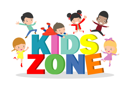 Kids zone banner design. Children playground area, Kids zone design concept with group of little boys and girls laying together. Vector illustration isolated on white backgroundのイラスト素材