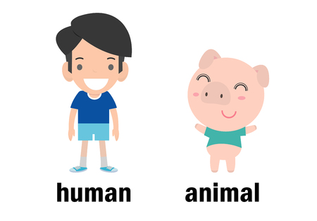 Opposite human and animal vector illustration, Opposite English Words  human and animal vector illustration on white background.のイラスト素材