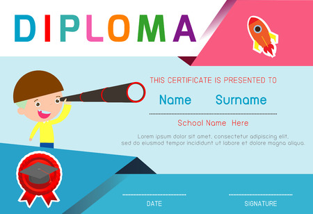 Certificates kindergarten and elementary, Preschool Kids Diploma certificate pattern design template, Diploma template for kindergarten students, Certificate of kids diploma, vector illustrationのイラスト素材