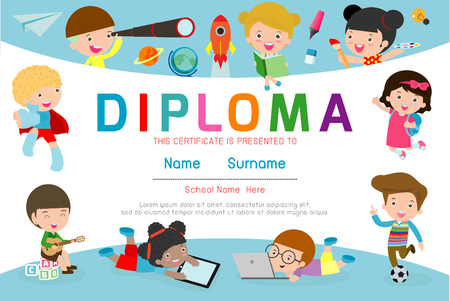 Certificates kindergarten and elementary, Preschool Kids Diploma certificate pattern design template, Diploma template for kindergarten students, Certificate of kids diploma, vector illustrationのイラスト素材