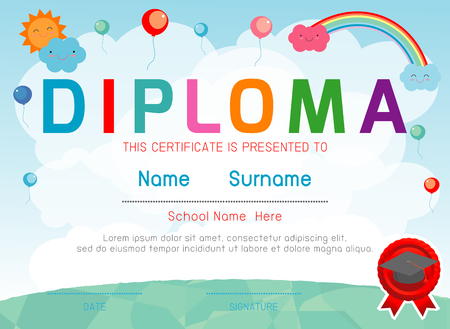 Certificates kindergarten and elementary, Preschool Kids Diploma certificate pattern design template, Diploma template for kindergarten students, Certificate of kids diploma, vector illustrationのイラスト素材