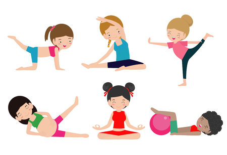Female yoga on a white background. Vector illustration of beautiful cartoon woman posing of yoga. Yoga Fitness Concept. Women sportのイラスト素材