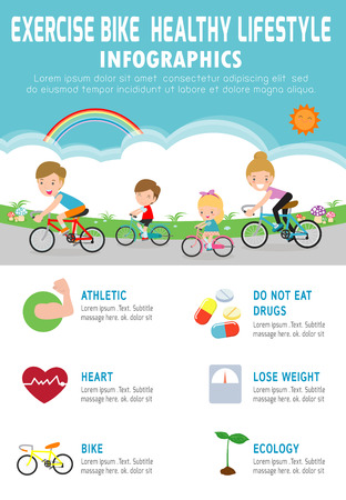 Happy family riding bikes. Lose weight by cycling. healthy infographic Concept, Elements for flyer design for website, magazine,illustrationのイラスト素材